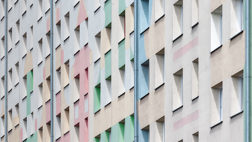 side of a building with pastel colors paint