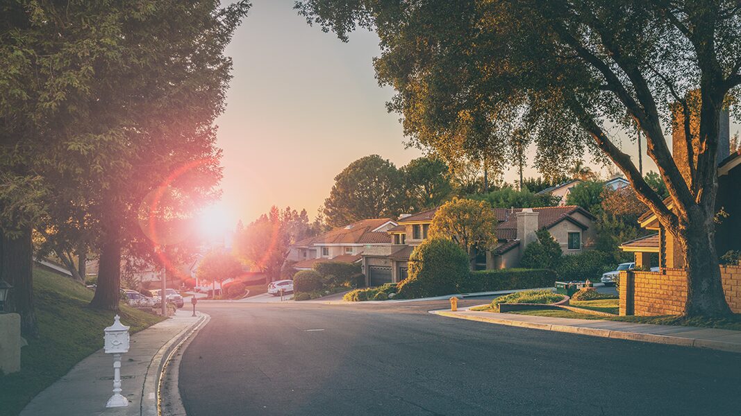 sunset over the street lined with sidewalks and trees