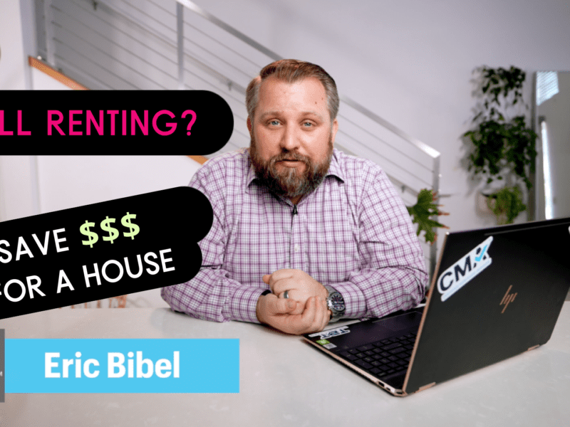 man sitting at desk with a laptop computer. text that reads: renting? save $ to buy a house