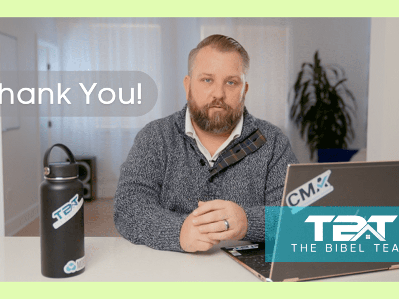 Eric Bibel sitting at a desk with a laptop and water bottle, the Bibel Team logo, and the words, thank you